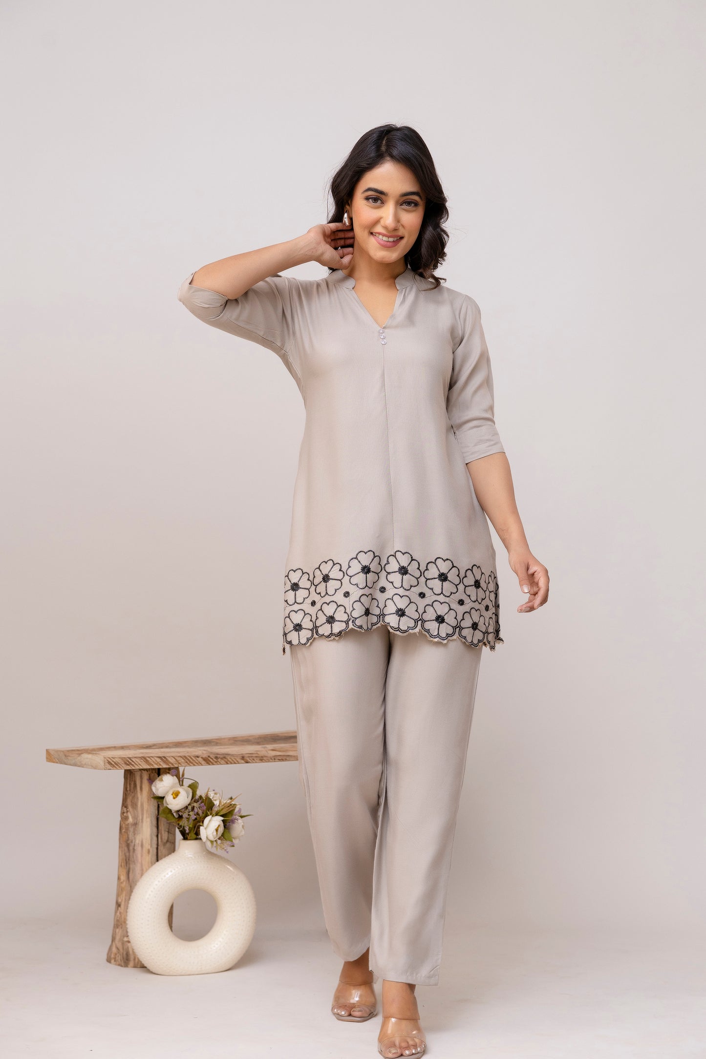 Carolina GREY Embroidered Cotton Co-ord Set