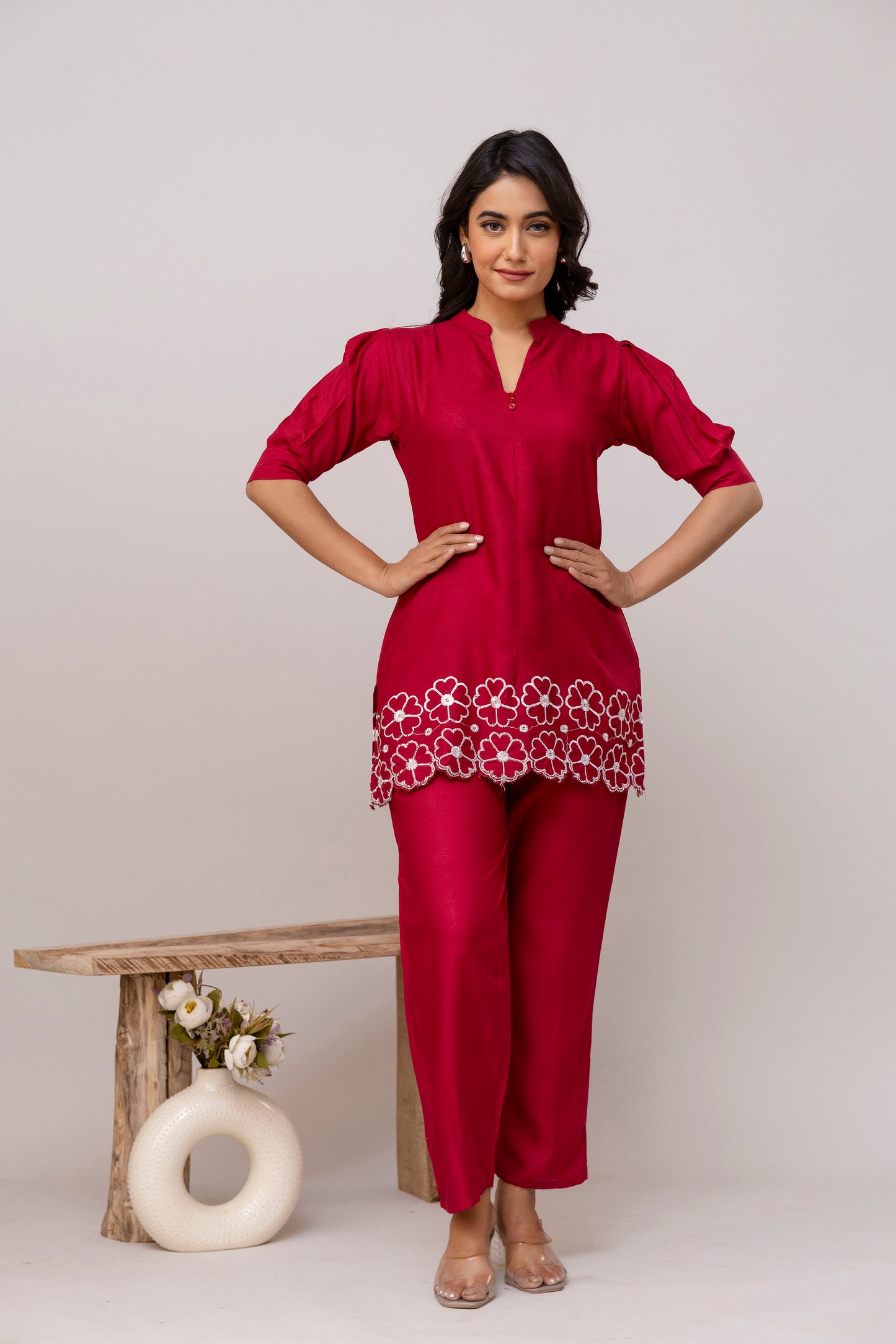 Carolina MAROON Embroidered Cotton Co-ord Set