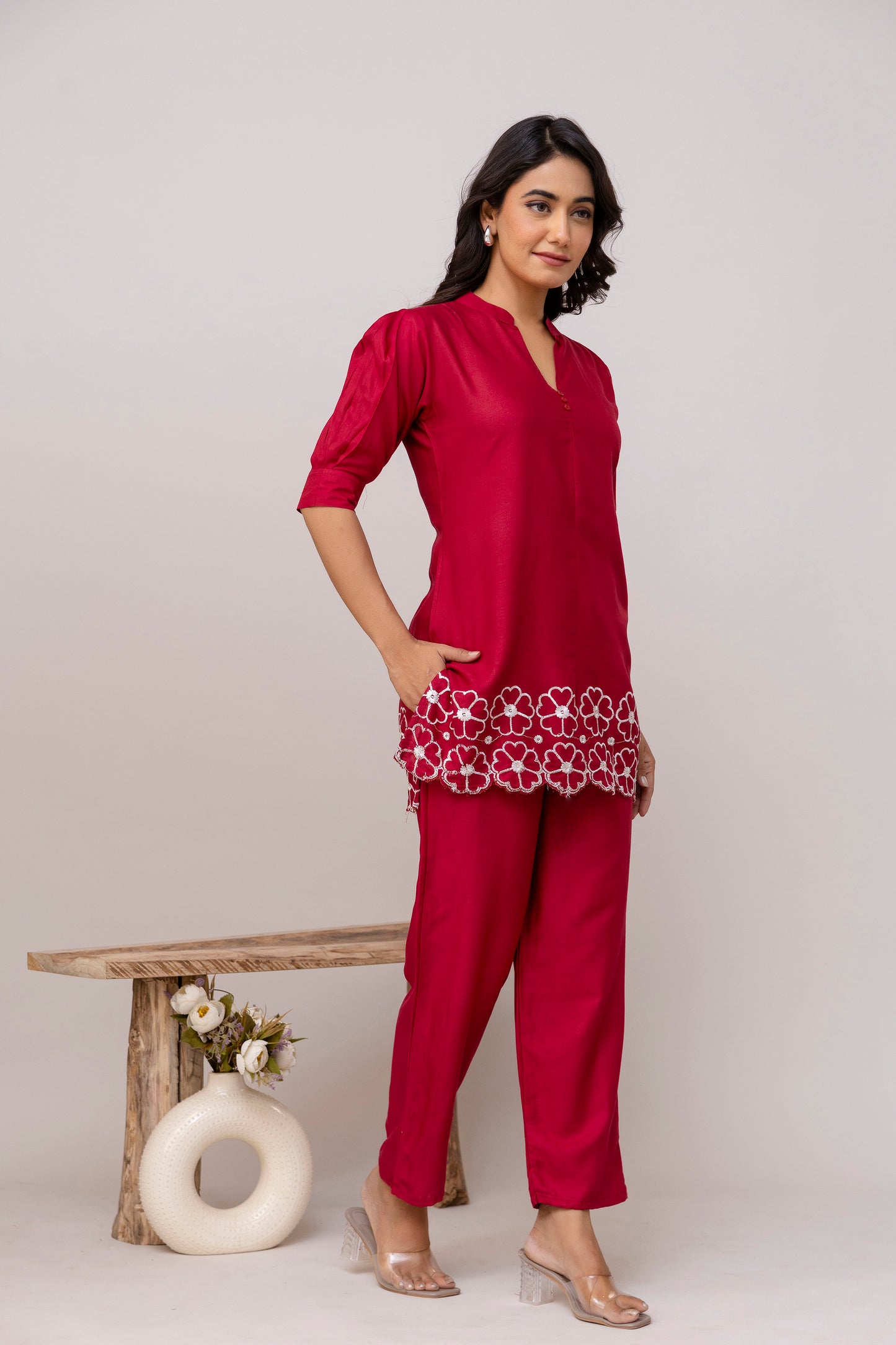 Carolina MAROON Embroidered Cotton Co-ord Set