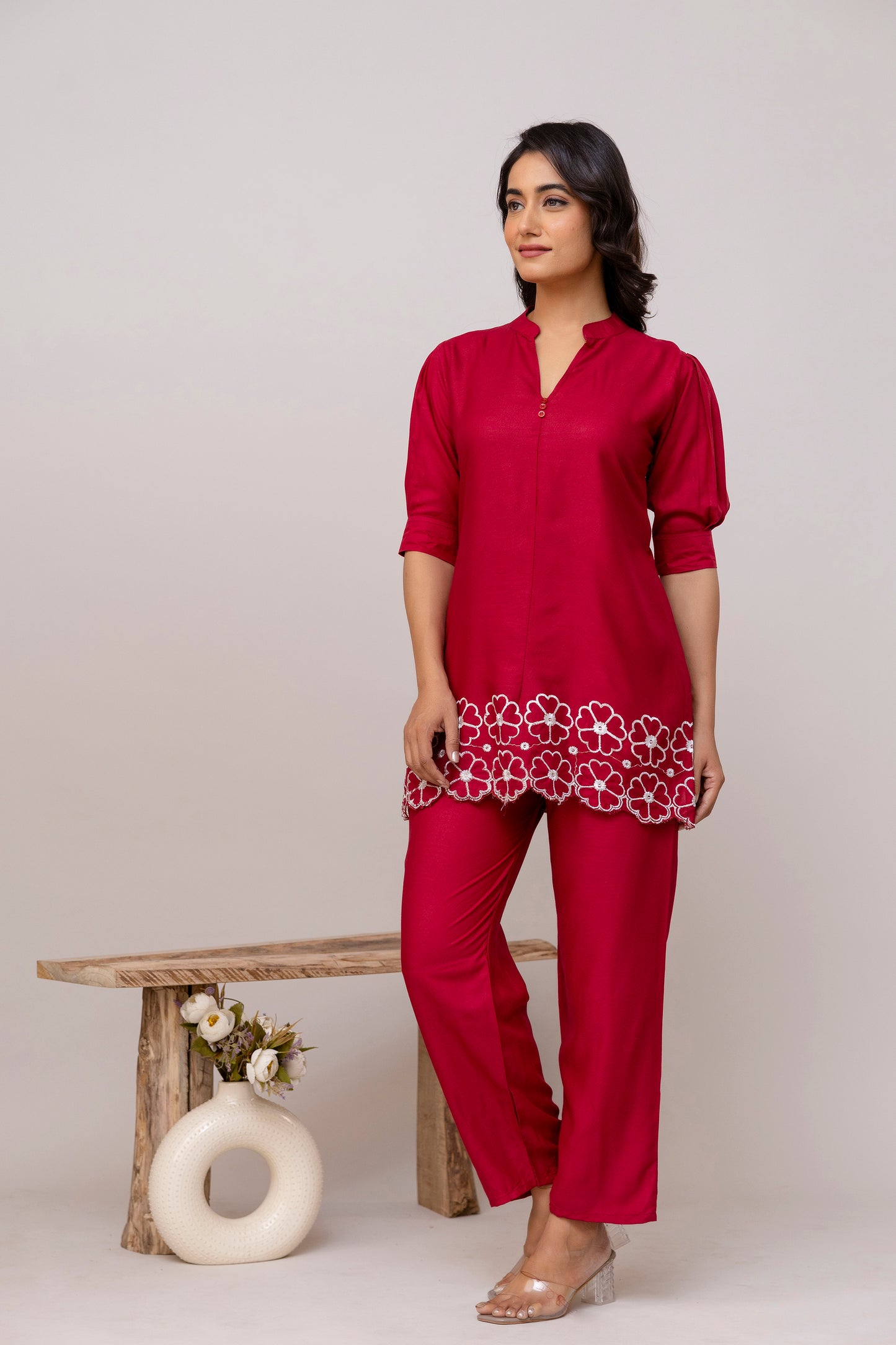 Carolina MAROON Embroidered Cotton Co-ord Set