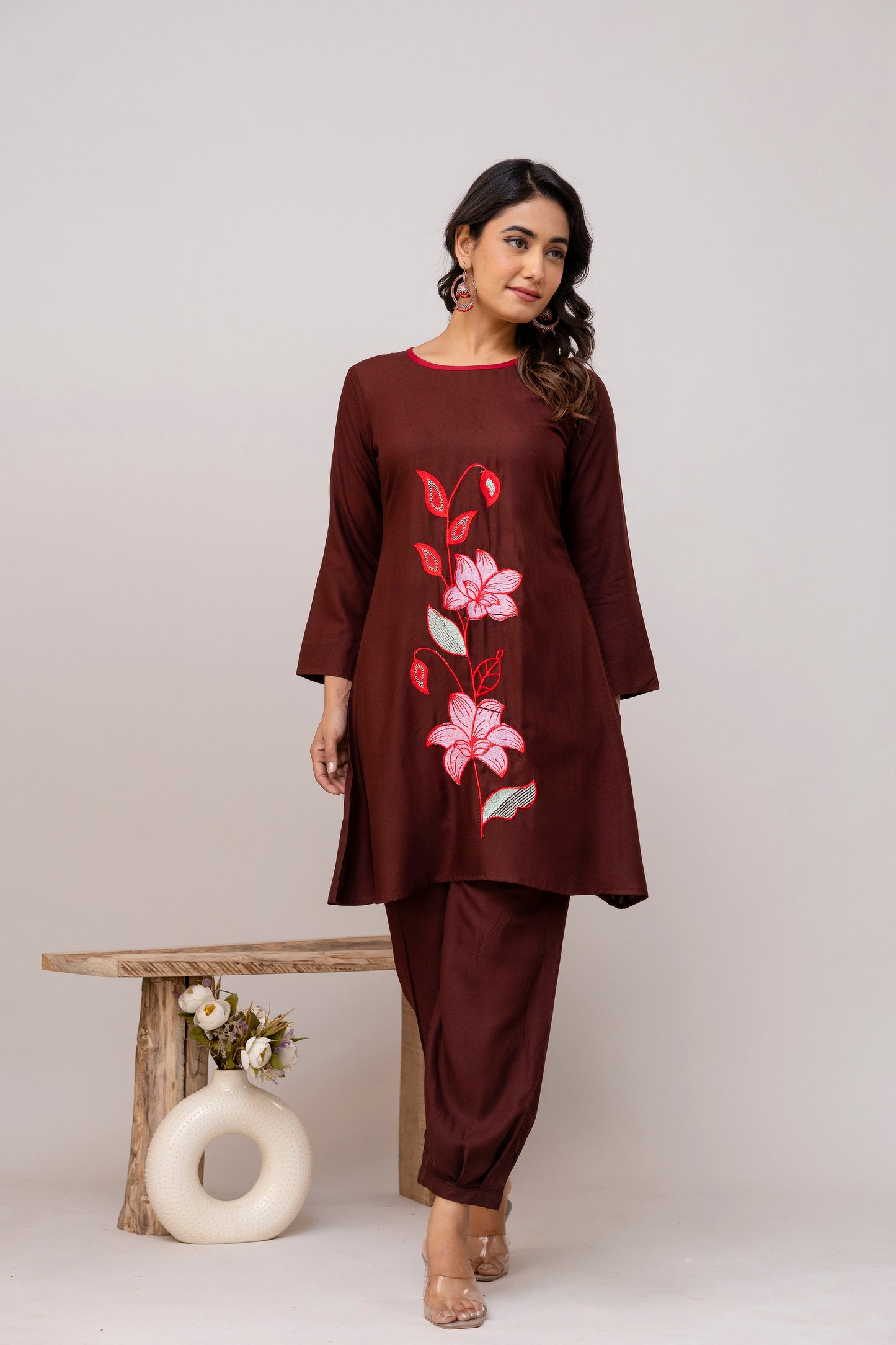 Carolina coffee Embroidered Cotton Co-ord Set
