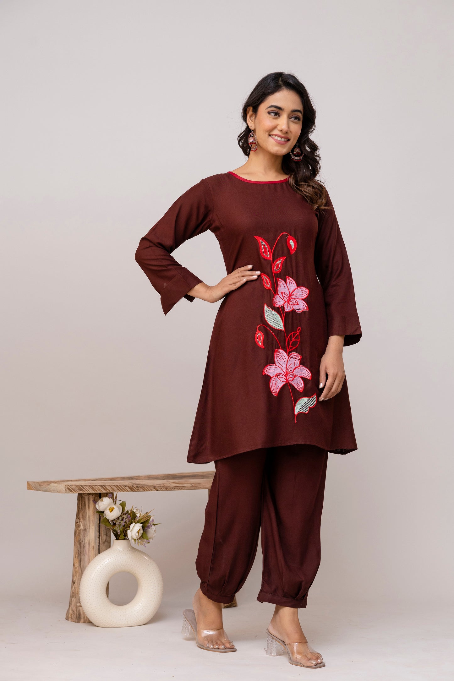 Carolina coffee Embroidered Cotton Co-ord Set