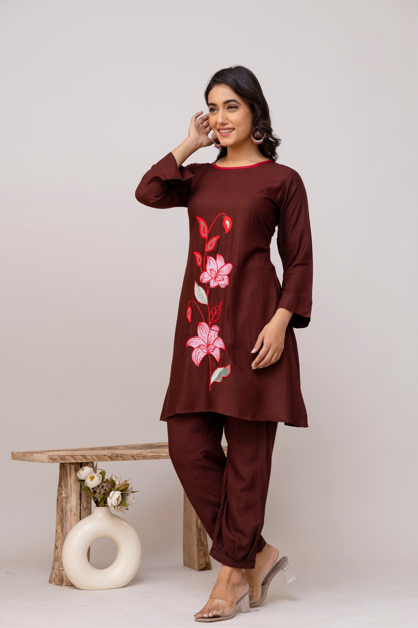 Carolina coffee Embroidered Cotton Co-ord Set