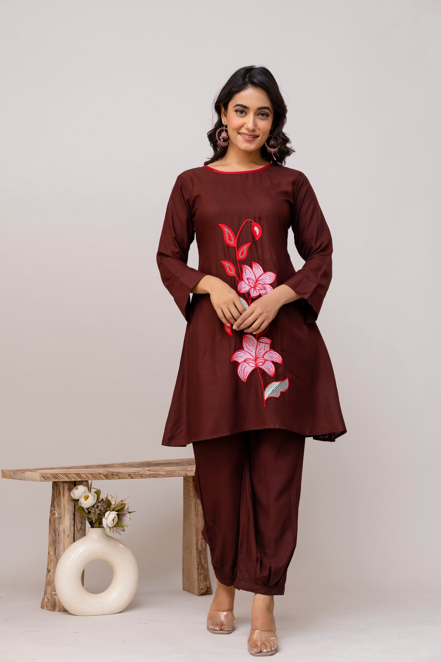 Carolina coffee Embroidered Cotton Co-ord Set