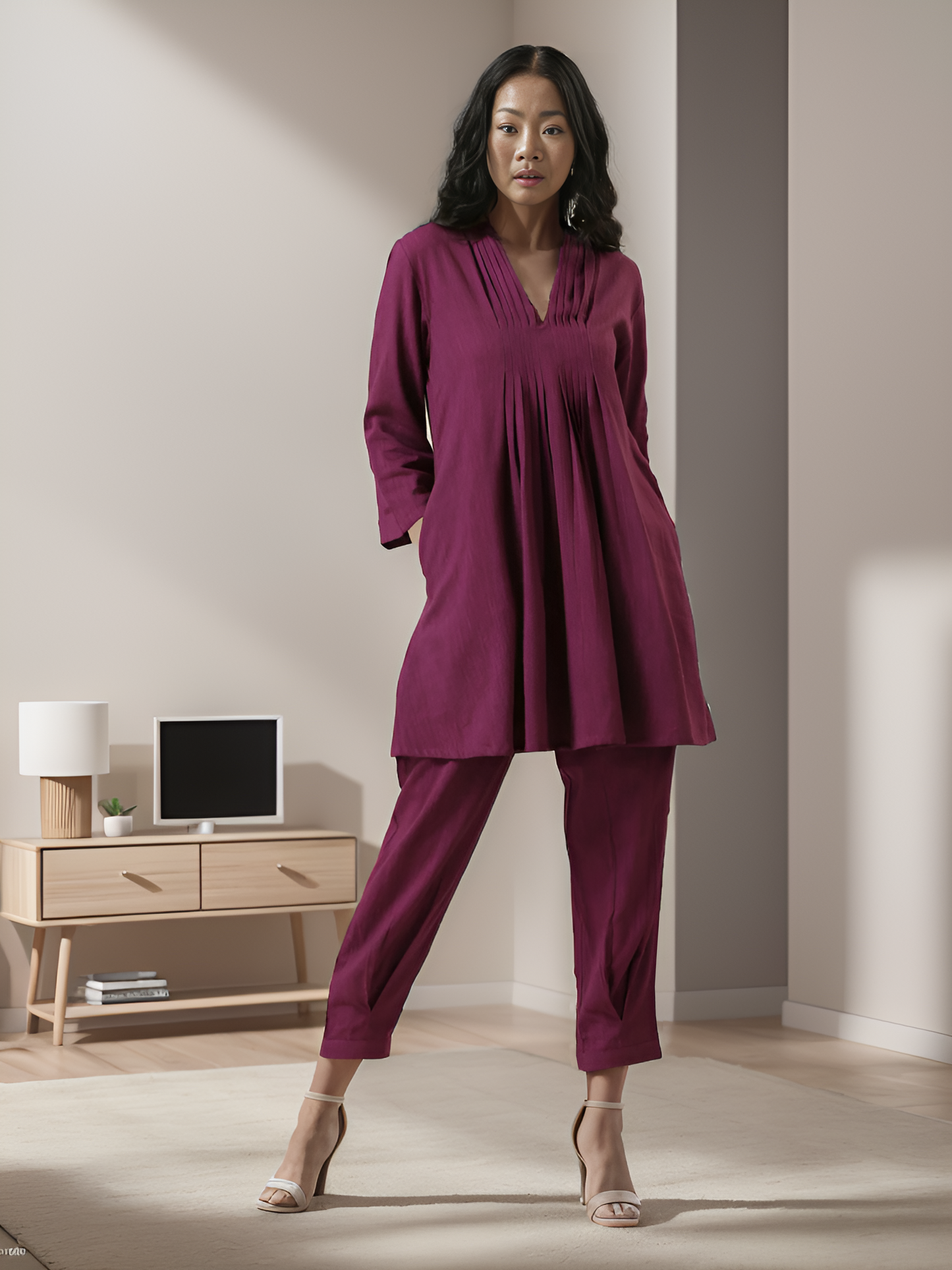 Plum Purple Rayon Slub Texture Pleated Co-Ord Set