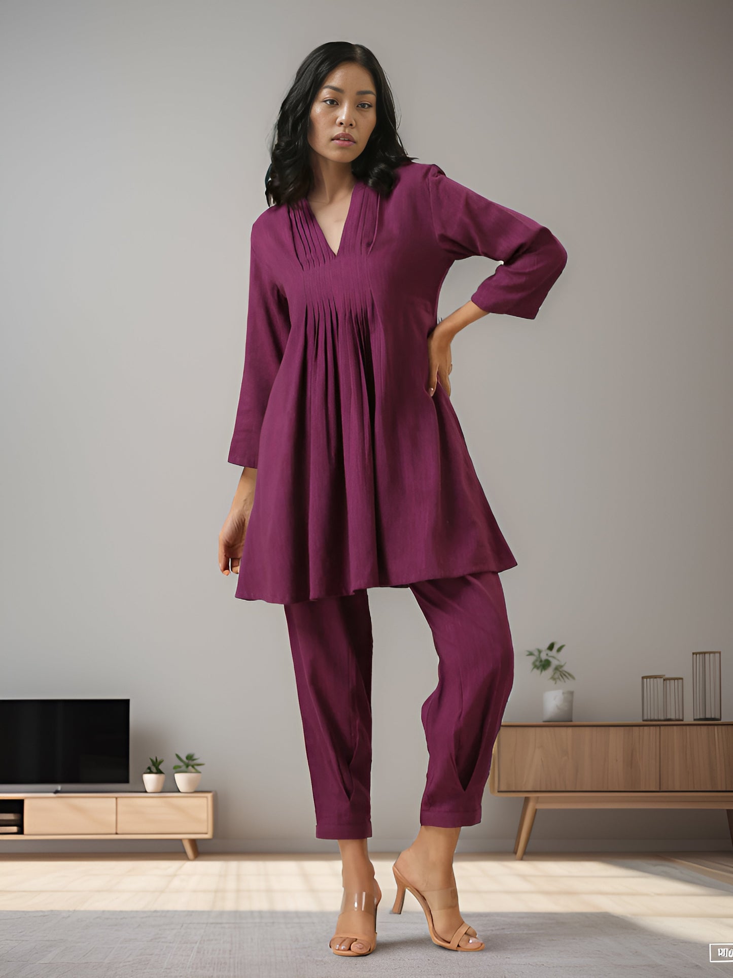 Plum Purple Rayon Slub Texture Pleated Co-Ord Set