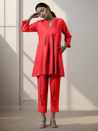 Red Rayon Slub Texture Pleated Co-Ord Set