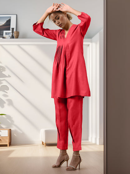 Red Rayon Slub Texture Pleated Co-Ord Set