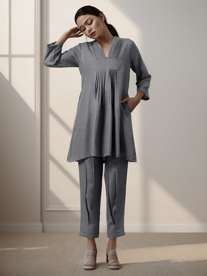 Grey Rayon Slub Texture Pleated Co-Ord Set