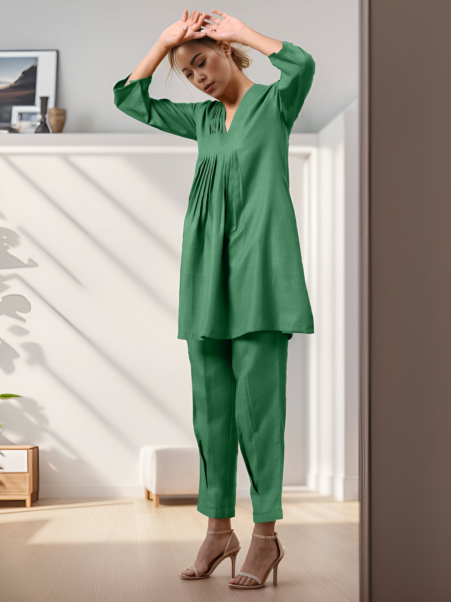 Green Rayon Slub Texture Pleated Co-Ord Set