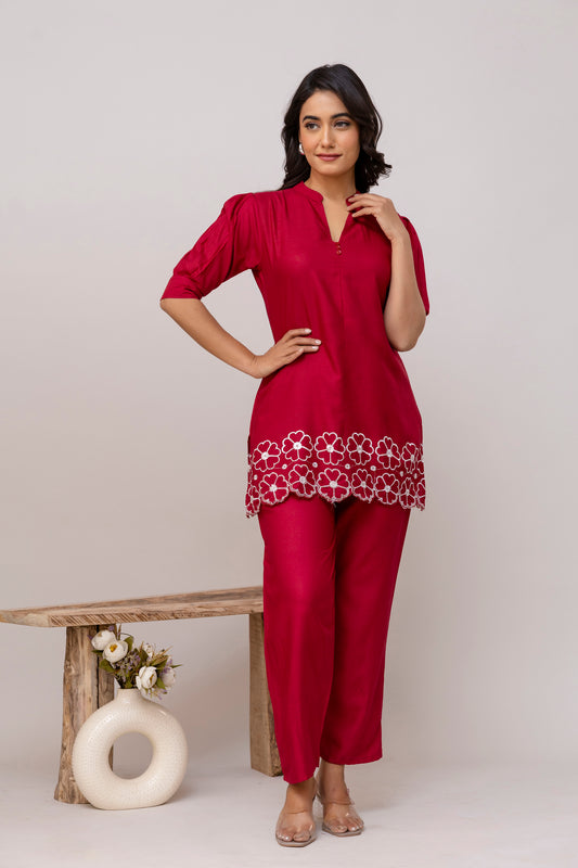 Carolina MAROON Embroidered Cotton Co-ord Set