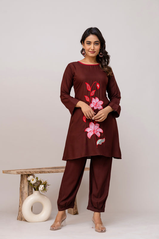 Carolina coffee Embroidered Cotton Co-ord Set