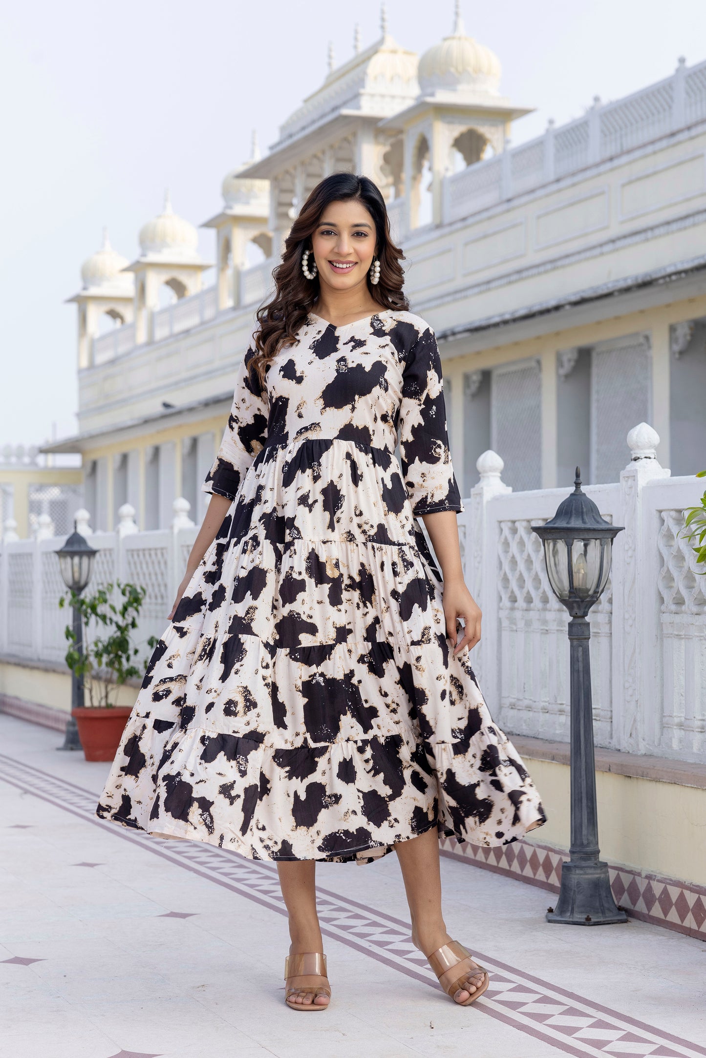 Black And White Printed Cotton Fit and Flare Dress