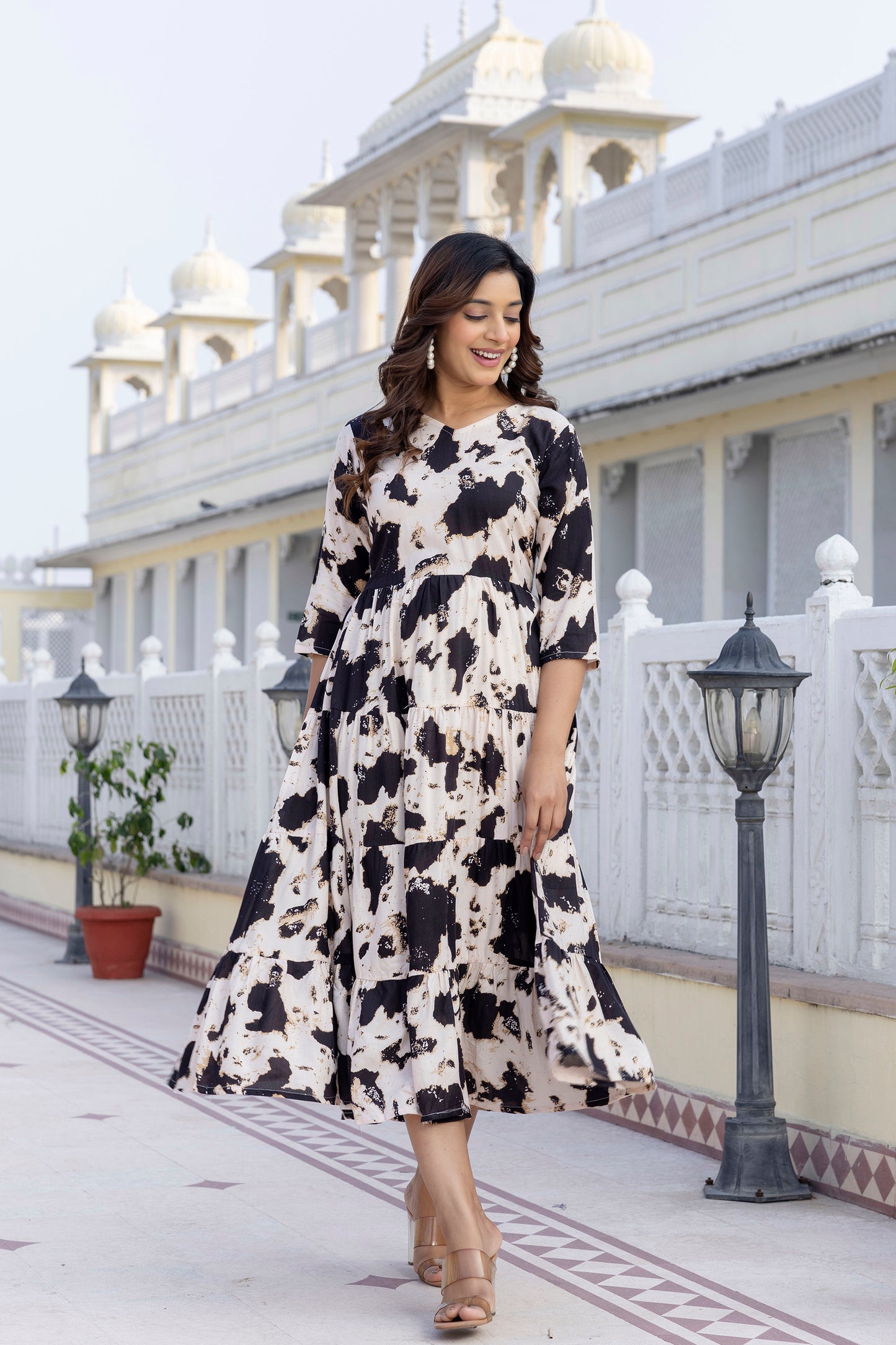 Black And White Printed Cotton Fit and Flare Dress