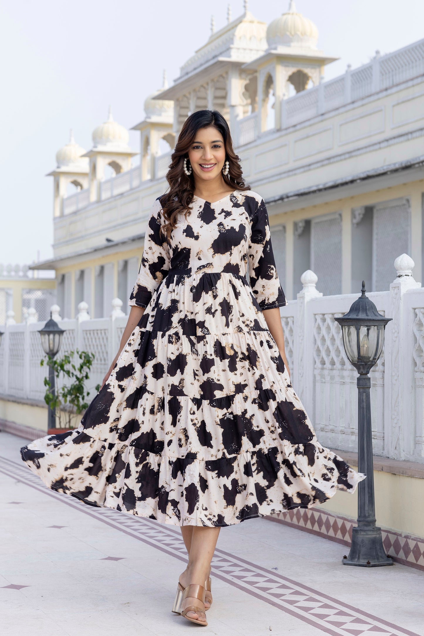 Black And White Printed Cotton Fit and Flare Dress