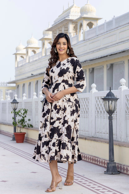 Black And White Printed Cotton Fit and Flare Dress