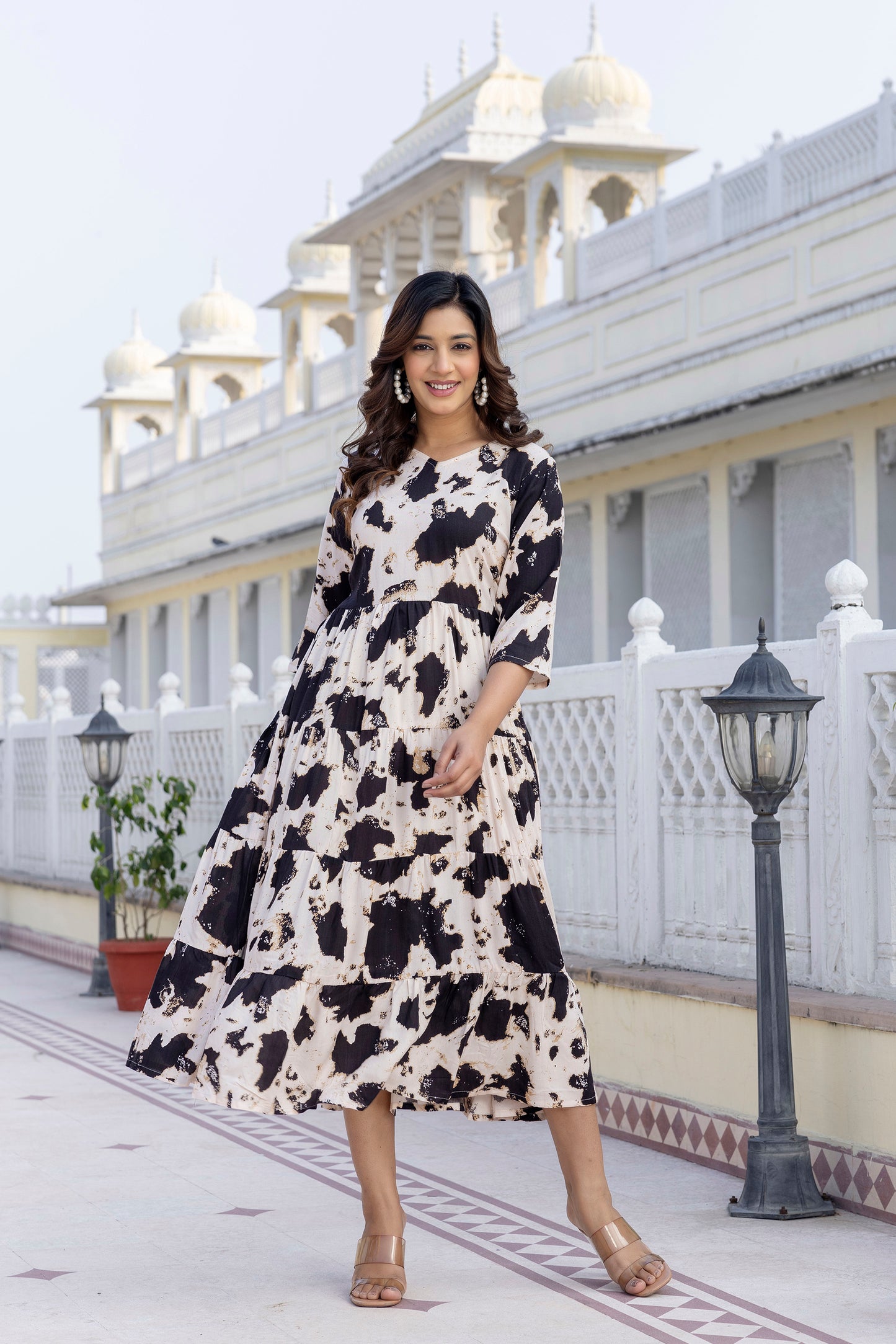 Black And White Printed Cotton Fit and Flare Dress