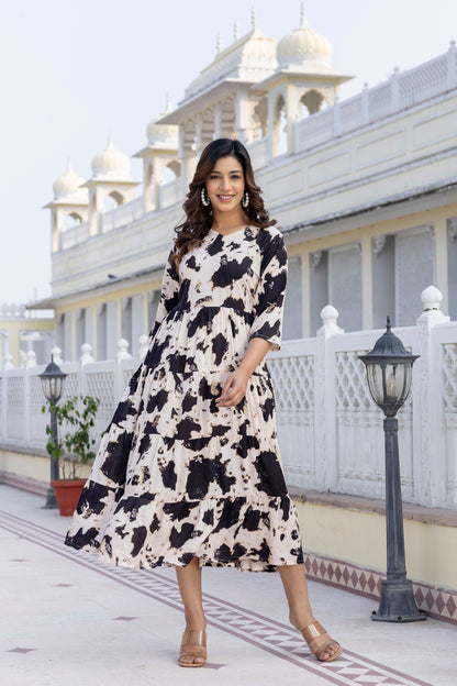 Black And White Printed Cotton Fit and Flare Dress