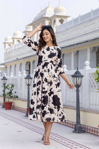 Black And White Printed Cotton Fit and Flare Dress