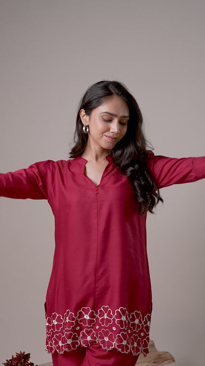 Carolina MAROON Embroidered Cotton Co-ord Set